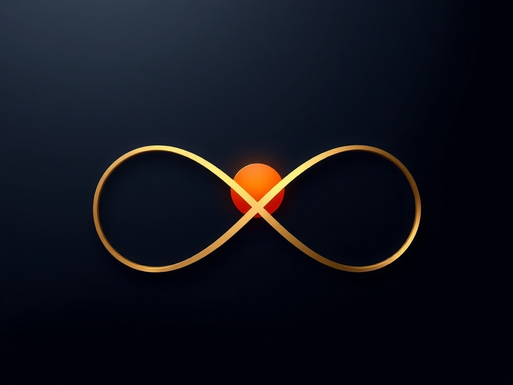 A simple gold infinity symbol intertwined with a rising sun on a dark navy background. Smooth, elegant, metallic texture. Photorealistic, 8k, commercial photography style, square composition.